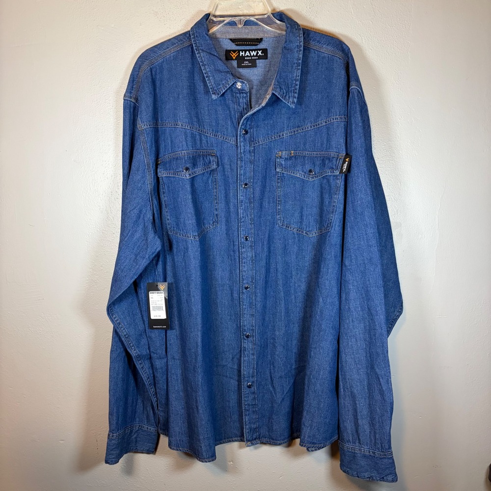 Hawx Work Gear Mens XXL Denim Long Sleeve Western Work Shirt Blue HF18W5-BLU NWT